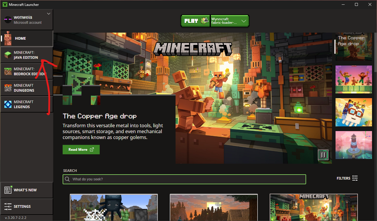 The java menu in the official launcher