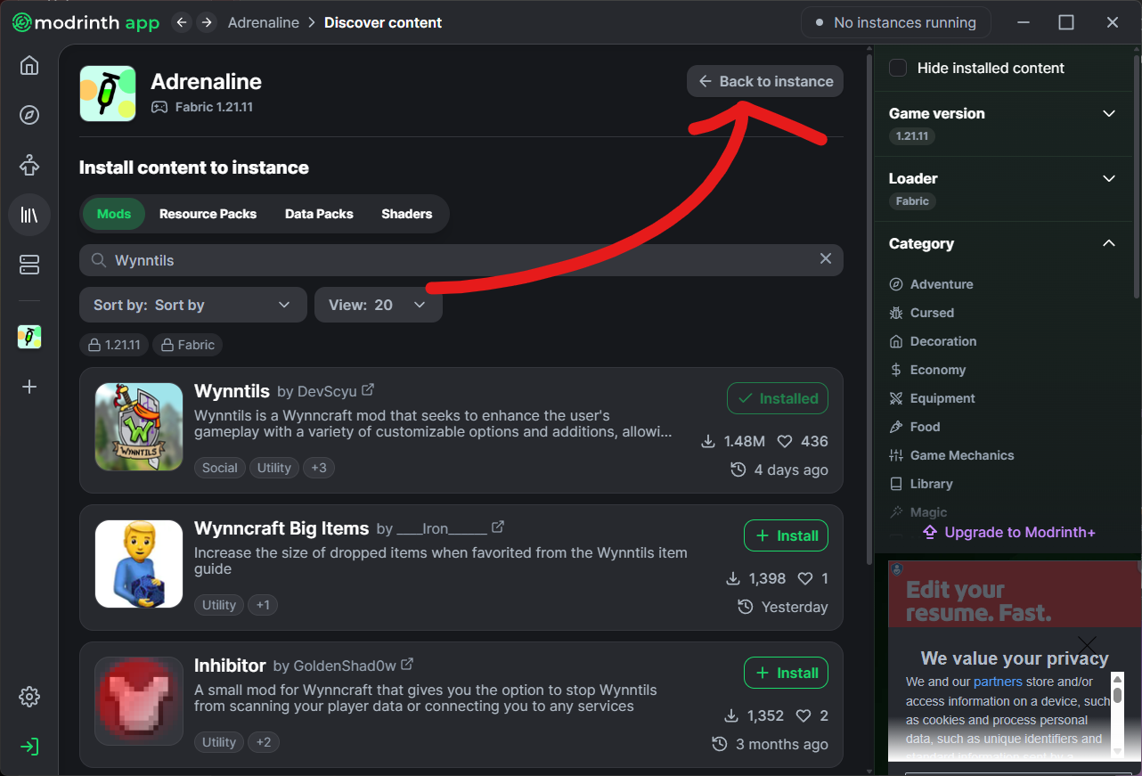 The back to instance button