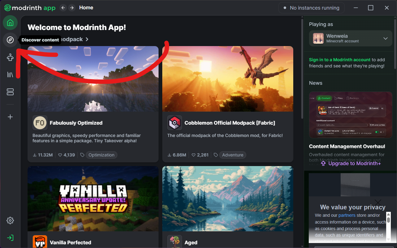 The modrinth home page