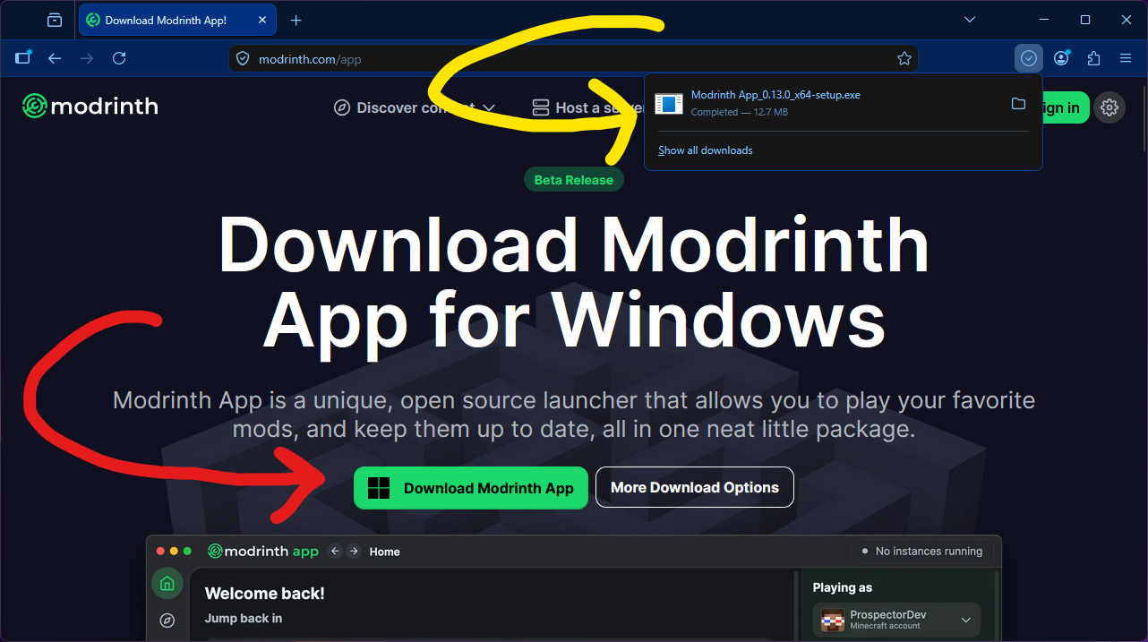 The Modrinth downloads page