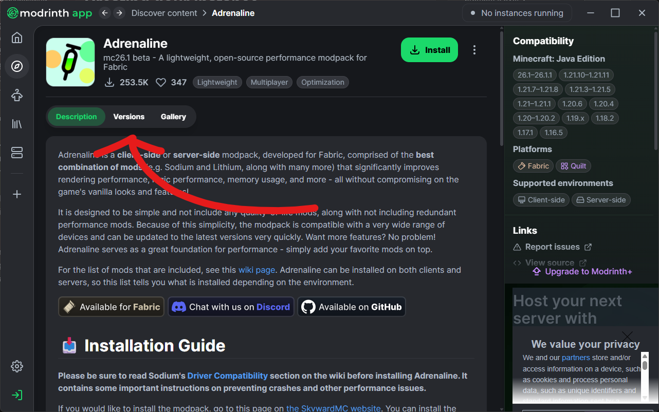 The adrenaline versions page