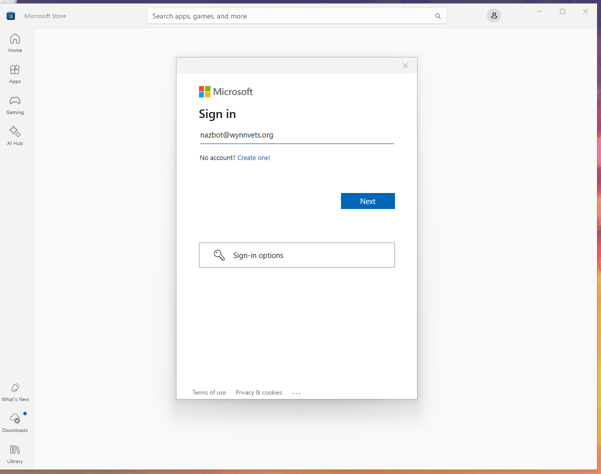 Logging in to the windows store