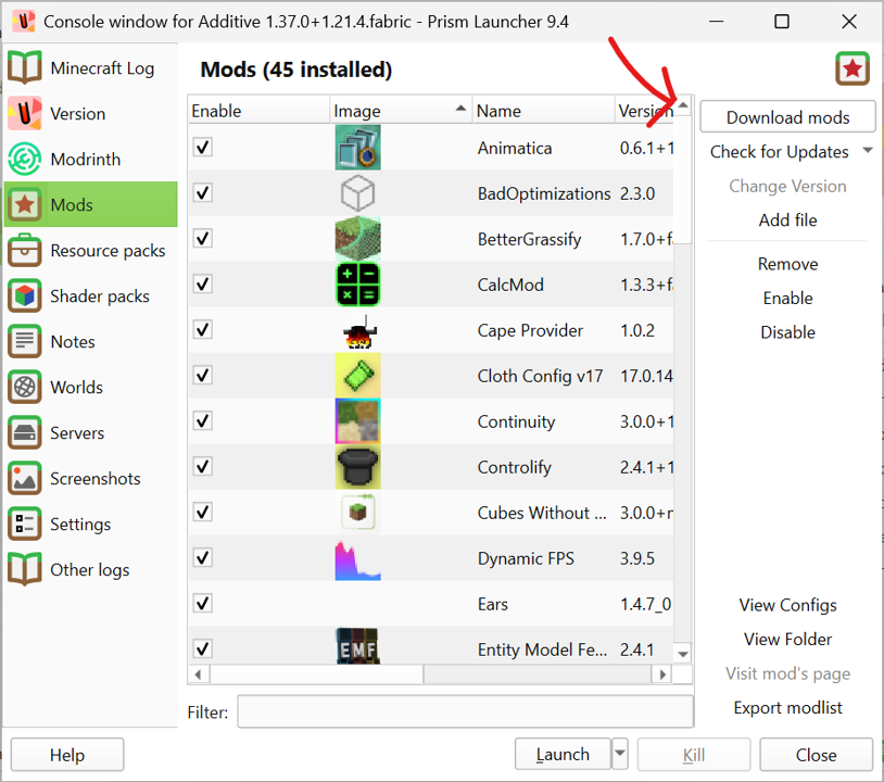 The modding tab's downloads button