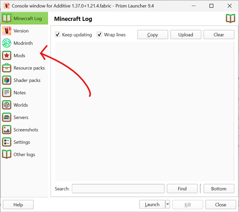 The newly created instance's modding tab