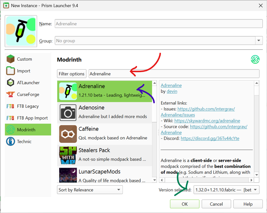 The modrinth tab of the Prism version page