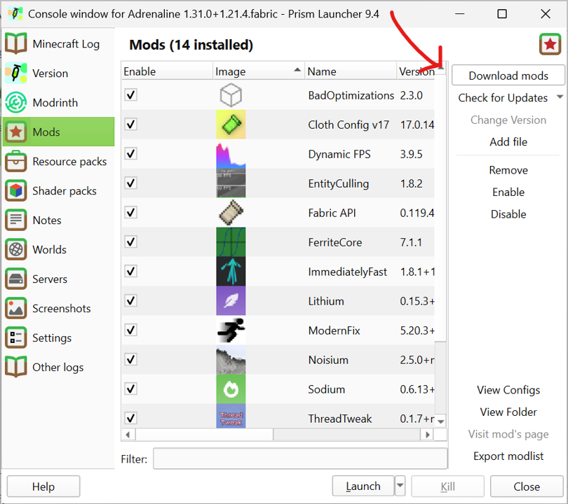 The modding tab's downloads button