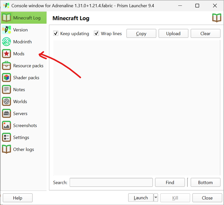 The newly created instance's modding tab