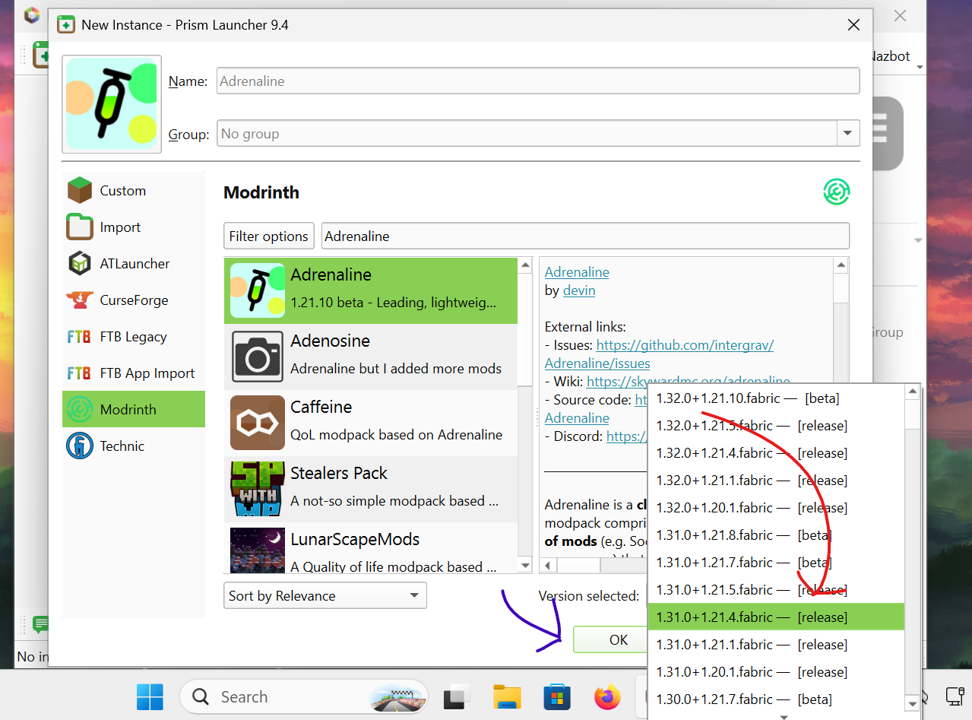 The modrinth tab of the Prism version page