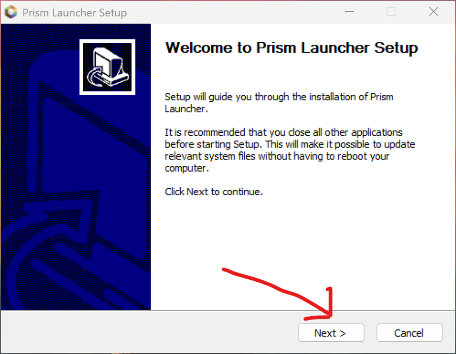 The prism installer's initial page