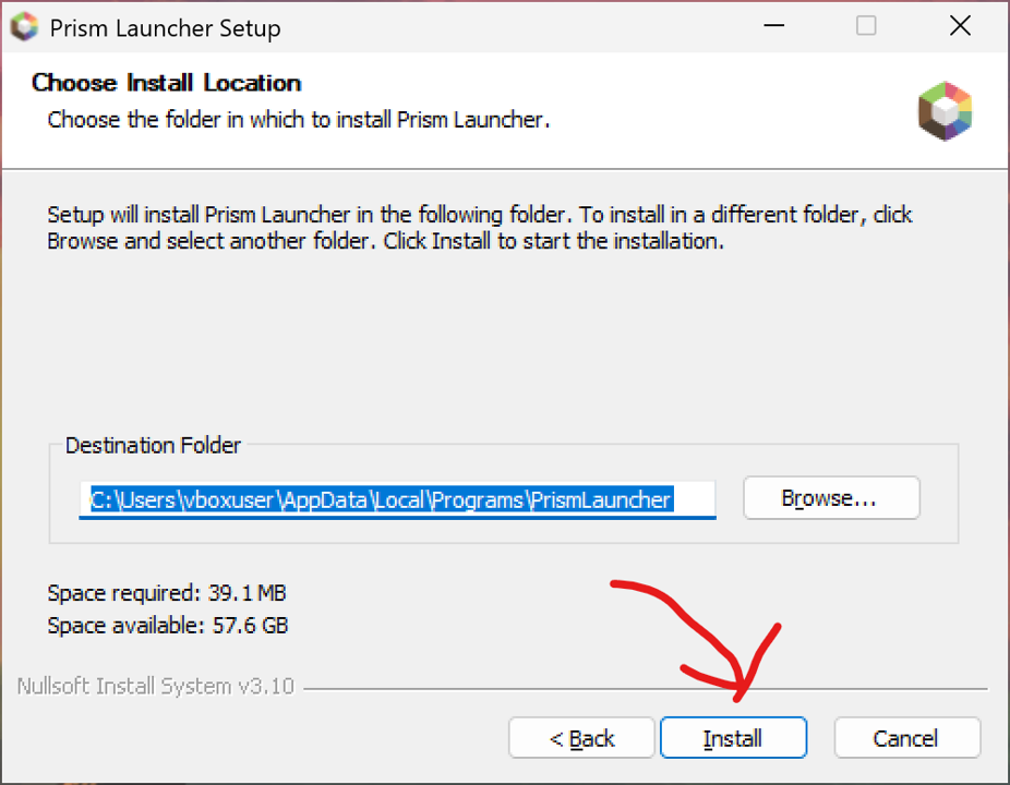 The third page of the prism installer
